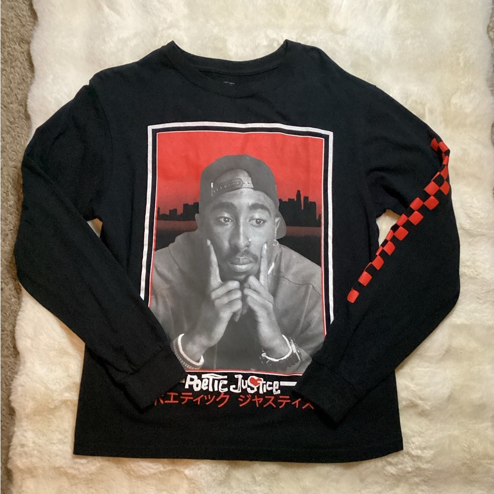 Black Long Sleeve Graphic Tee with Red Accents